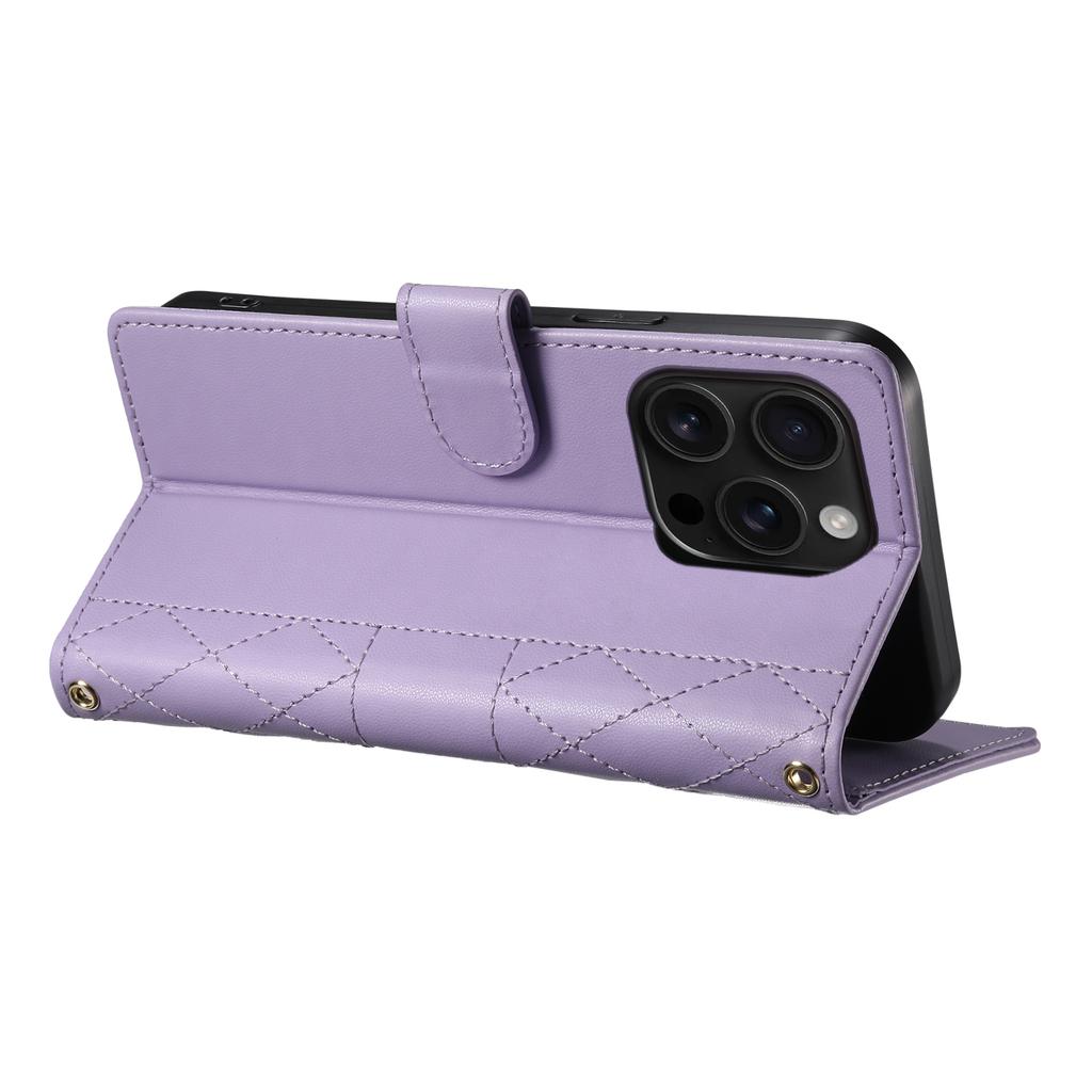 For iPhone 16 Pro Max Case Rhombus Stitching Wallet Stand Leather Phone Cover with Long/Short Strap