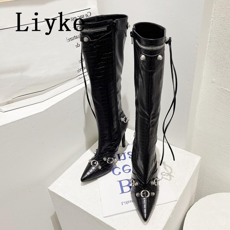 Fashion Liyke 2025 New Sexy Pointed Toe Knee High Boots Women Pole Dance Stiletto Heels Pumps Fashion Tassel Zip Rivet Winter Long Shoes