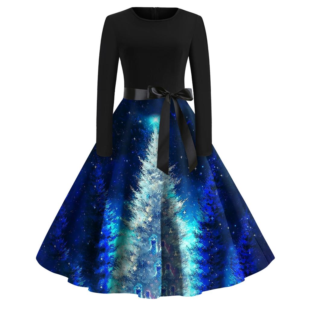 Women's Fashion Casual Round Neck Christmas Print Long Sleeve Dress