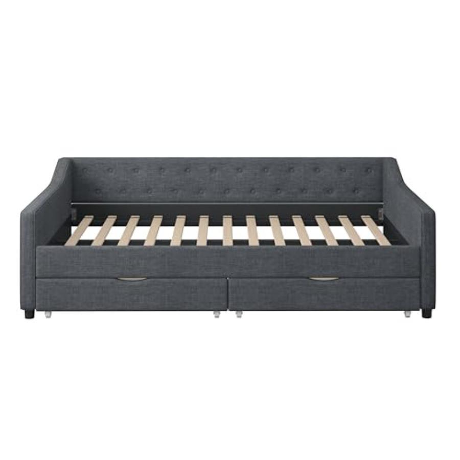 Full Size Daybed with Drawers, Linen Fabric Day beds w/Storage and Button on Back and Piping on Waved Shape Arms, Upholstered T