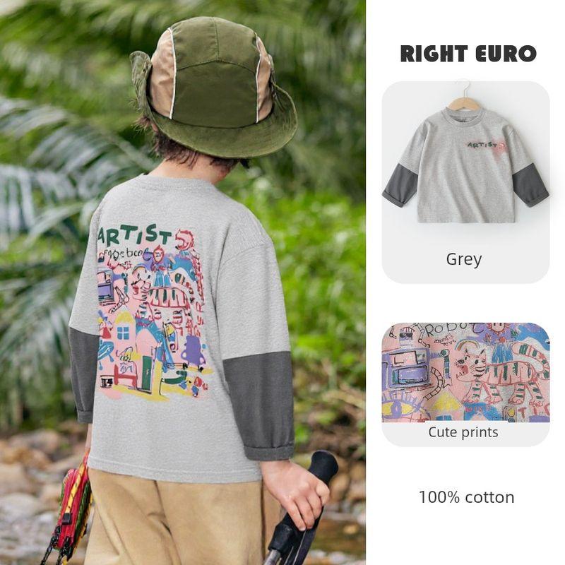 European Style Boys  Long-Sleeve T-Shirt, Spring and Autumn Baby Base Shirt, Fake Two-Piece Baby Girl Pure Cotton Top, Children s Autumn Clothing Gray 90