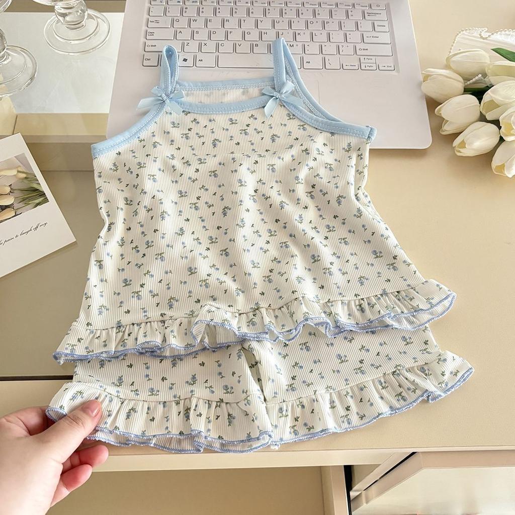 Summer Girls Floral Camisole Dress Set Thin Cartoon Sleeveless Princess Two Piece Outfit