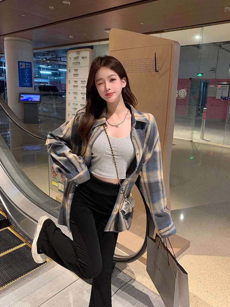 American Retro Plaid Long Sleeve Shirt Jacket for Women - Small Size, Spring/Autumn 2024