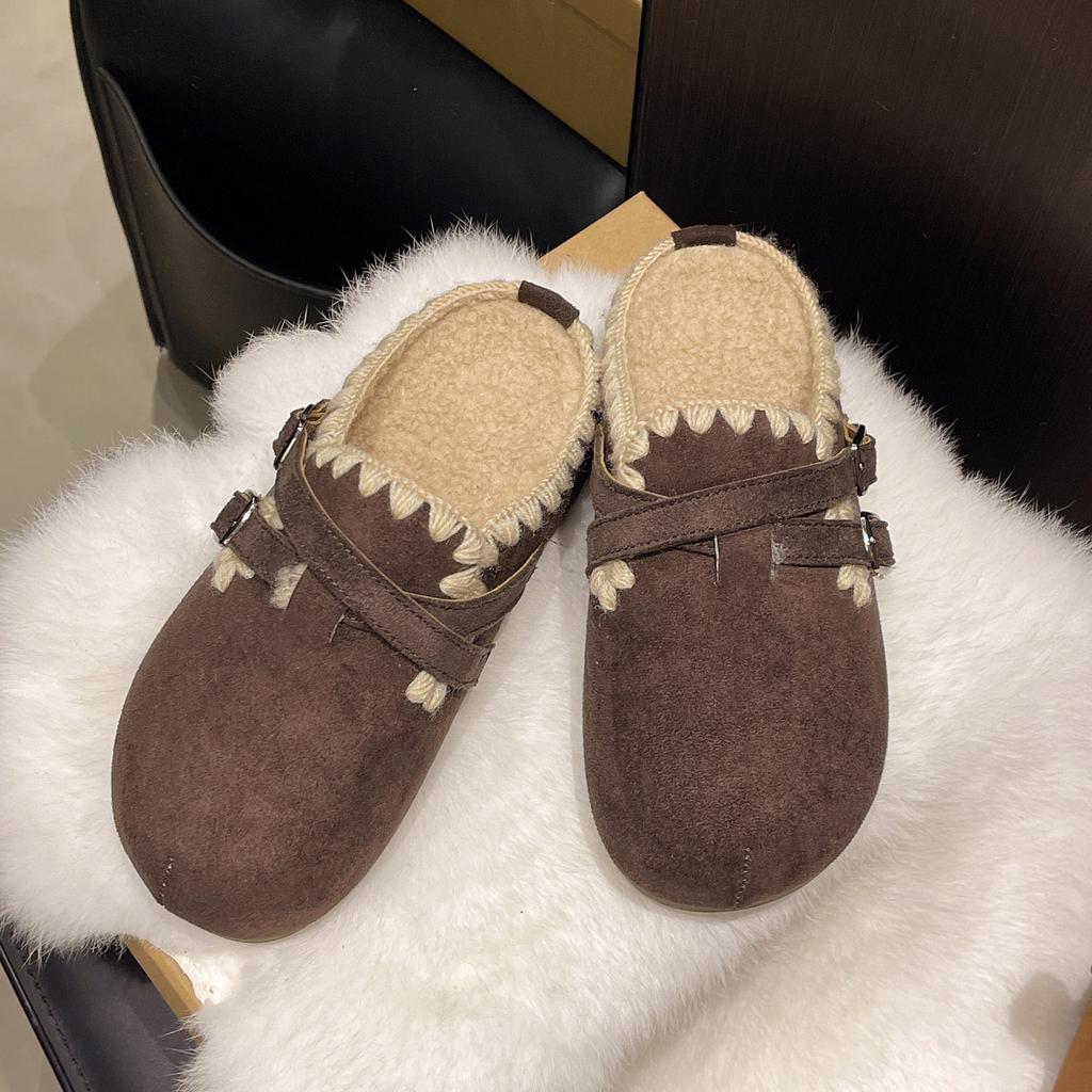 Super fire embroidered bottom Birkenstocks women's autumn and winter new bag head half slippers, wearing versatile cotton slippers