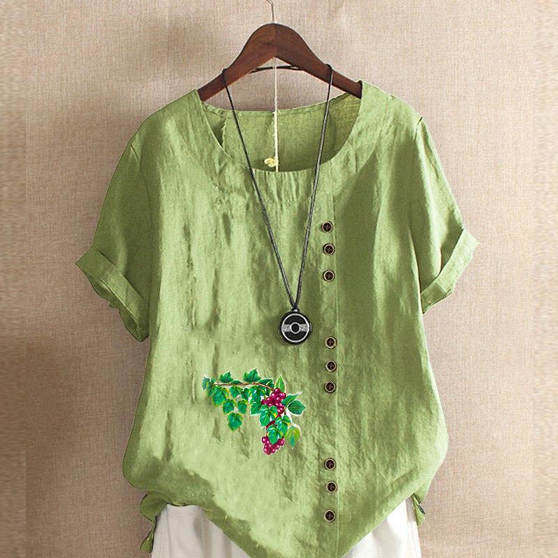 

Women s Fashion Purple Grapes Prined Round Neck Short Sleeve T-shirt Casual Cotton Linen Graphic Shirt Leisure Loose Summer Blouse Tops 5XL зелёный