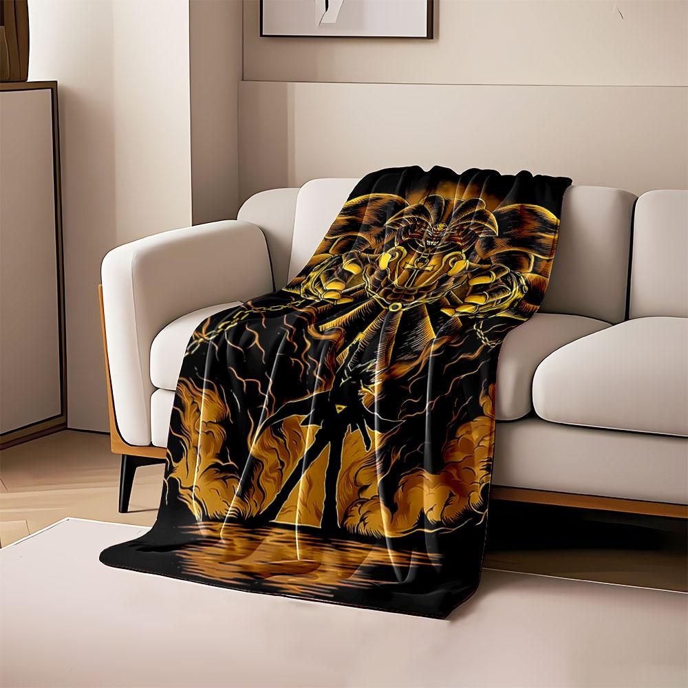 

A glowing golden figure behind a silhouetted character in dramatic smoke. for all seasons blanket lunch break throw gift 80cm x 120cm