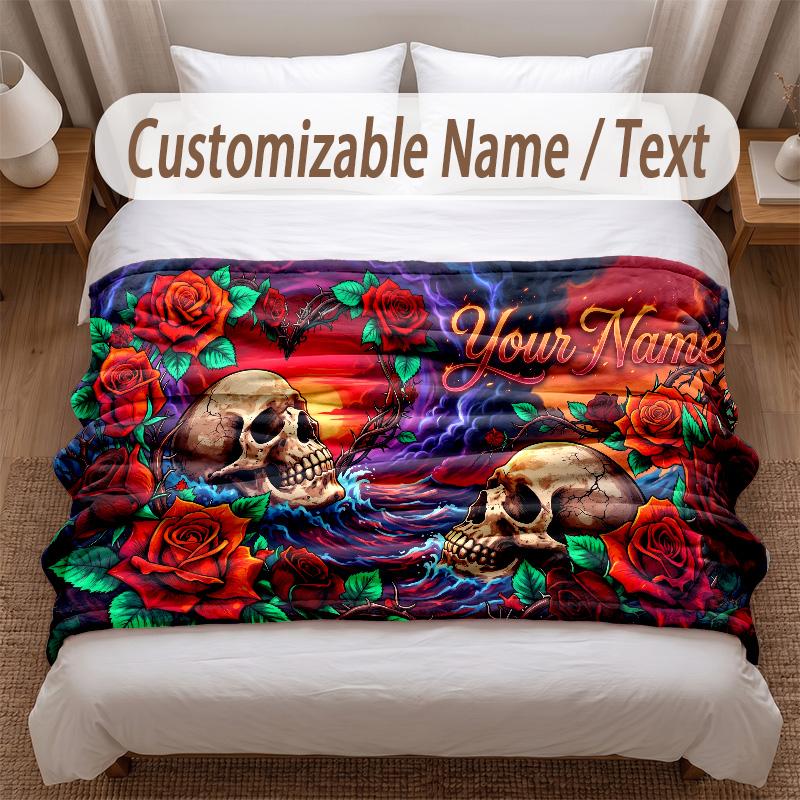 Skull Gothic Theme Soft Blanket Personalized Custom Name Text Print Warm Blanket Home Sofa Bedroom Decor