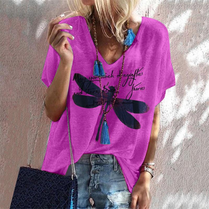 

Женская футболка с 3d принтом стрекозы для девочек, верхняя уличная футболка с v-образным вырезом и короткими рукавами, летняя повседневная футболка для женщин, новинка 8XL