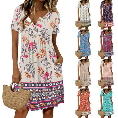 Women's Fashion Retro Print Round Neck Short Sleeve Buttoned Casual Dress