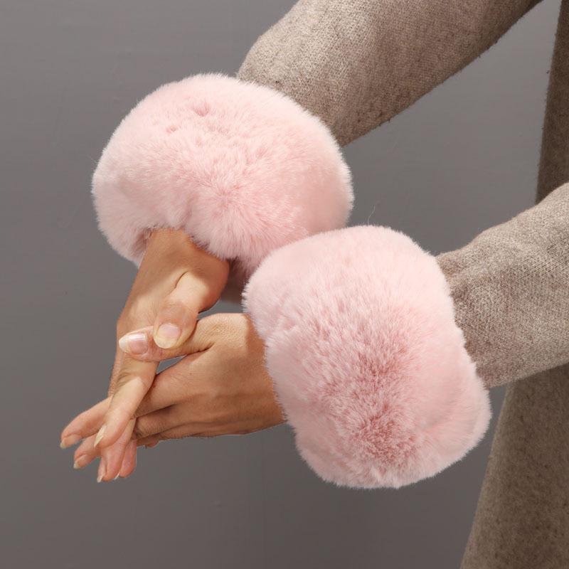 

Женское зимнее теплое модное пальто платье рукава аксессуары искусственный кролик рекс плюшевые манжеты съемные розовый