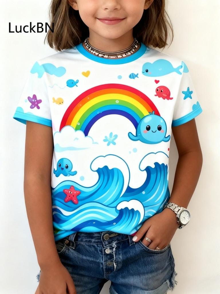 Barn 3D-tryck Häst T-shirts Flickor Regnbåge Mode Mjuka Bekväma T-shirts Barn Topp