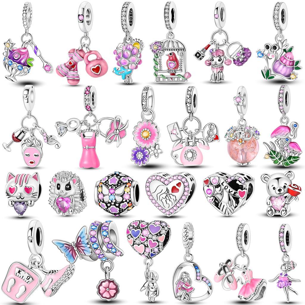 copper Lovely Pink Color Charm Bead Charms LOVE Heart Skirt Flower Dangle Pendants Compatible With Authentic Bangle Bracelets Do It Yourself Jewellery