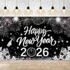 2026 New Year Banner Decorations 2026 Happy New Year Eve Party Decor, Black Silver Backdrop Party Supplies,71x43 Inches
