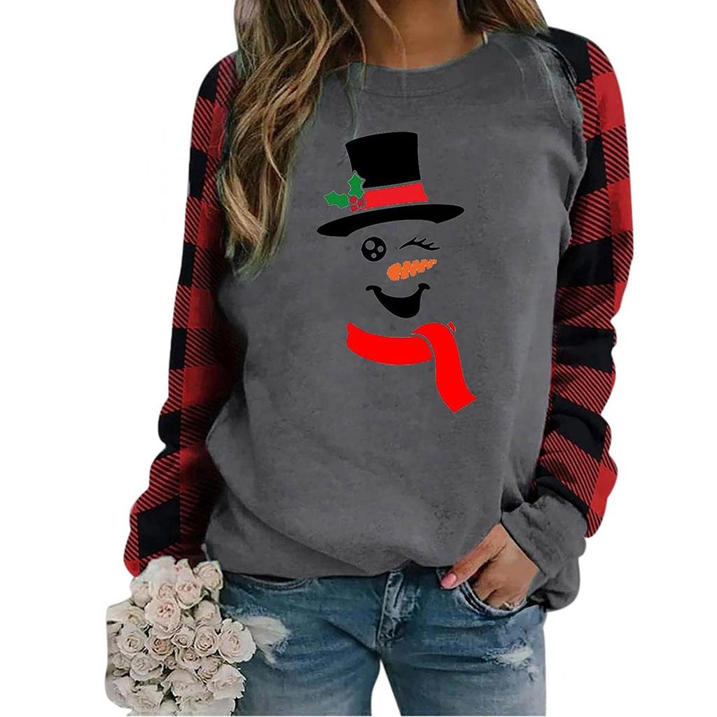 Damenmode Plaid Patchwork Weihnachtsdruck Rundhals Langarm T-Shirt Top