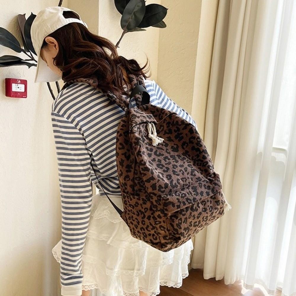 Lightweight Leopard Print Backpack Corduroy Students Daypack Students School Bag Work