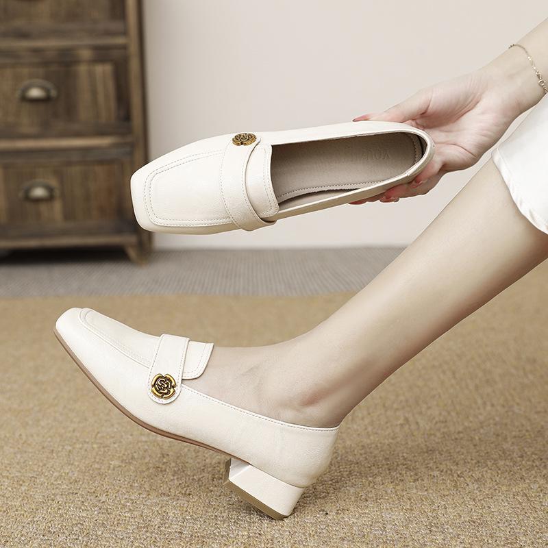 2024 Retro Chunky Heel Loafers: Versatile Square Toe, Medium Heel, Slip-on Leather Shoes for All Seasons