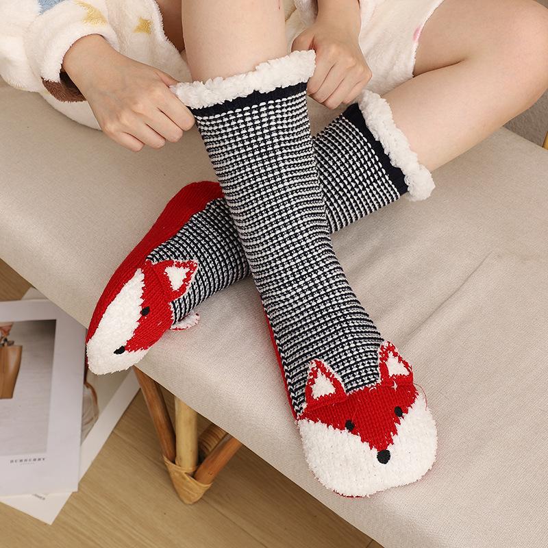 Cartoon Animal Fleece Floor Socks for Adults, Warm Anti Slip Winter Slipper Socks, Indoor Home Snow Socks, Cute Cozy House Socks