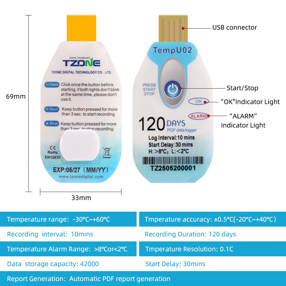 USB Disposable Temperature Data Logger 120/180 Days Recording PDF Report Over Temperature Alarm Cold Chain Monitoring