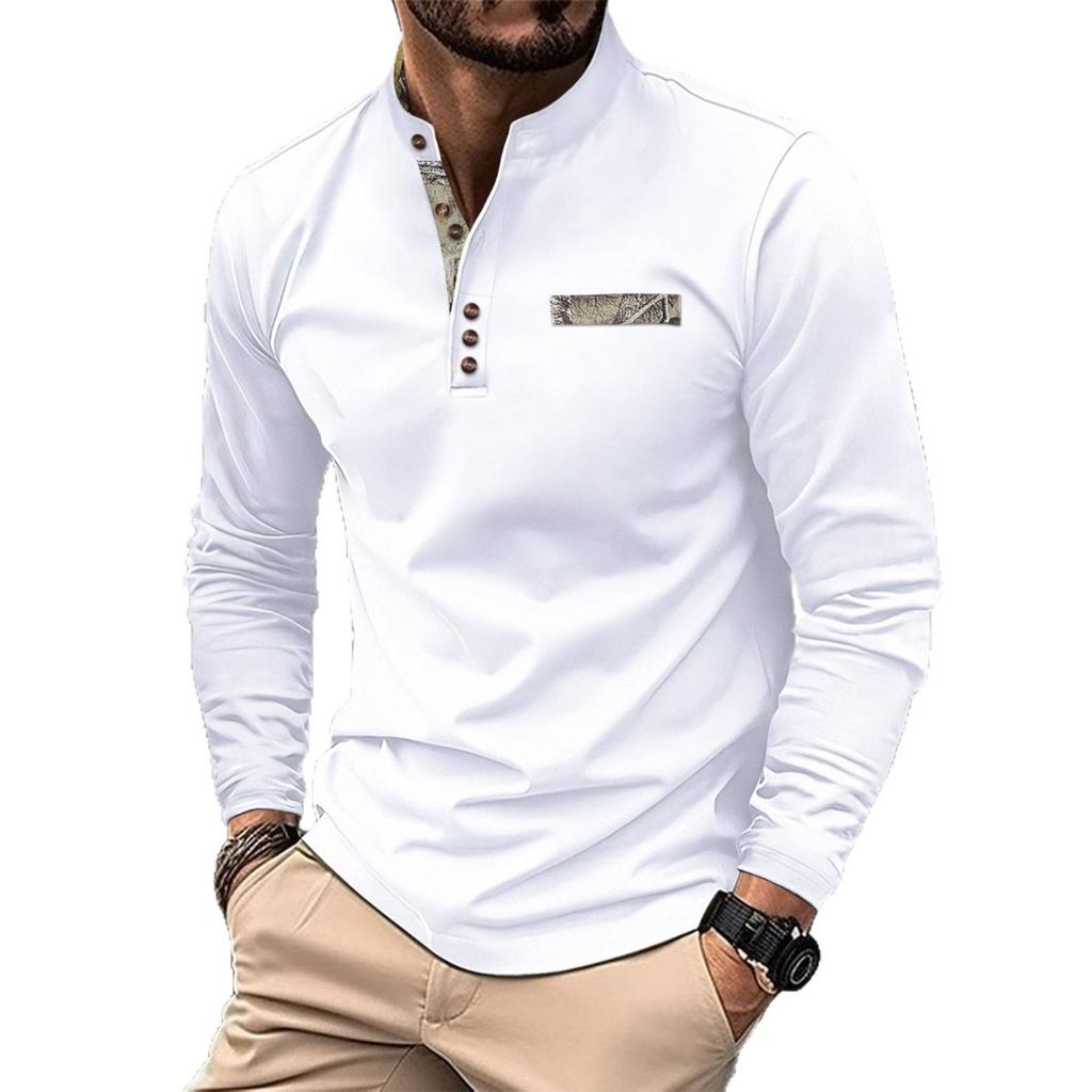 Pánská jarní a podzimní pánská košile se stojáčkem, ležérní sportovní košile s dlouhým rukávem Henley