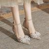 Fashion Low Top Single Shoes Women Fashion Pointy Light Mouth Sequin Butterfly Knot Line with Anti-slip Wear Heels