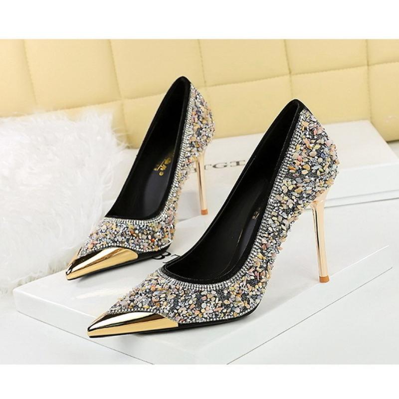 Fashion Stiletto Heels Metal Pointed Toe Shallow Cut Slip On Crystal Rhinestone Women Shoes