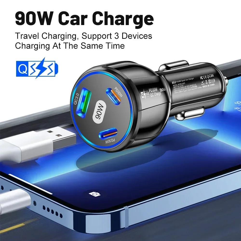 90W Car Charger PD QC3.0 USB Type-C Fast Charging Car Phone Adapter In Car for iPhone 14 15 Pro/Max Samsung Huawei Xiaomi