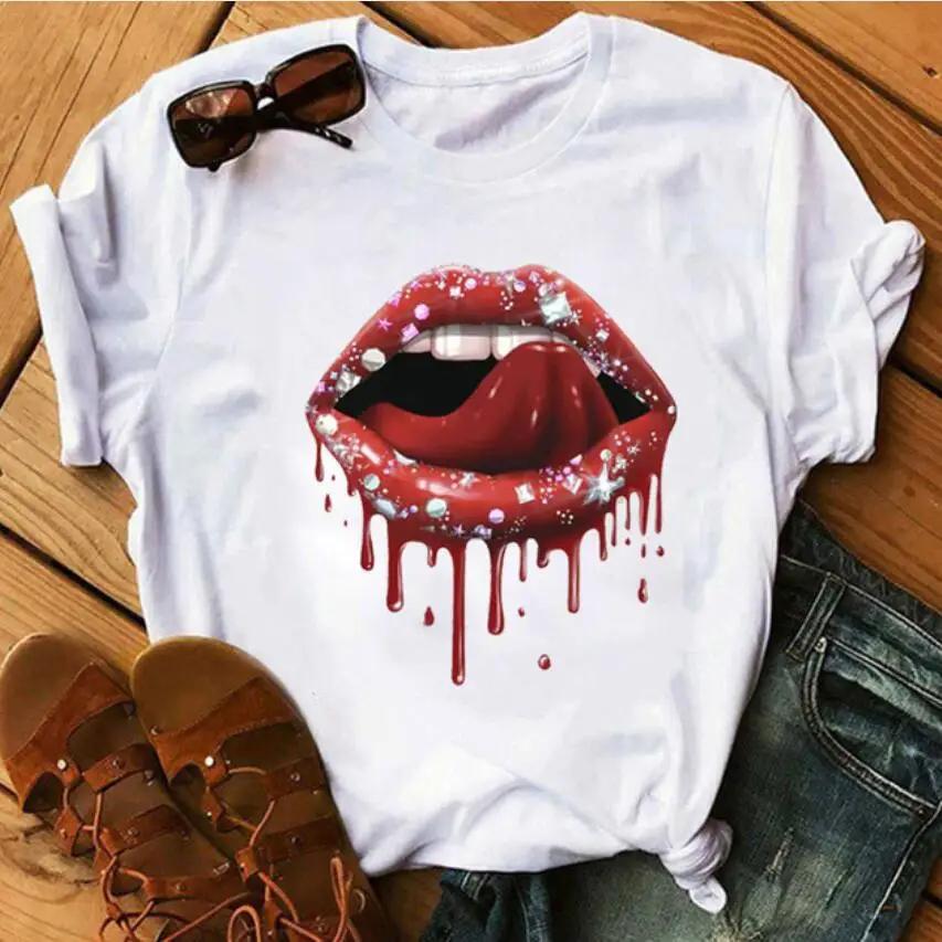 LOVE Red Lips Pink Heart Print T Shirt Women Romantic Slogan Graphic Short Sleeve Valentine Casual Summer Tee
