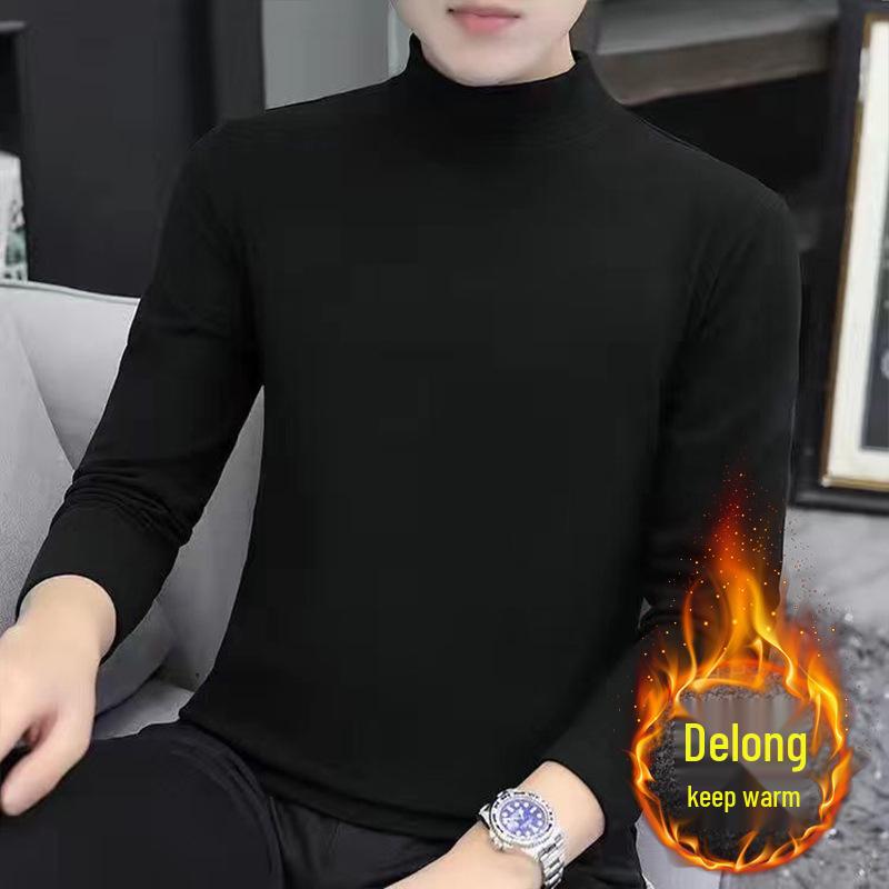 Men's Warm Velvet Semi-High Neck Long-Sleeve Shirt - Autumn/Winter Solid Color Top