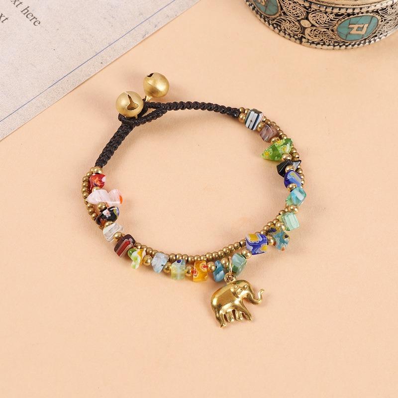 Handwoven Elephant Bracelet Tibetan Exotic Bohemian Double Beaded Bells Vintage Hand Rope Female