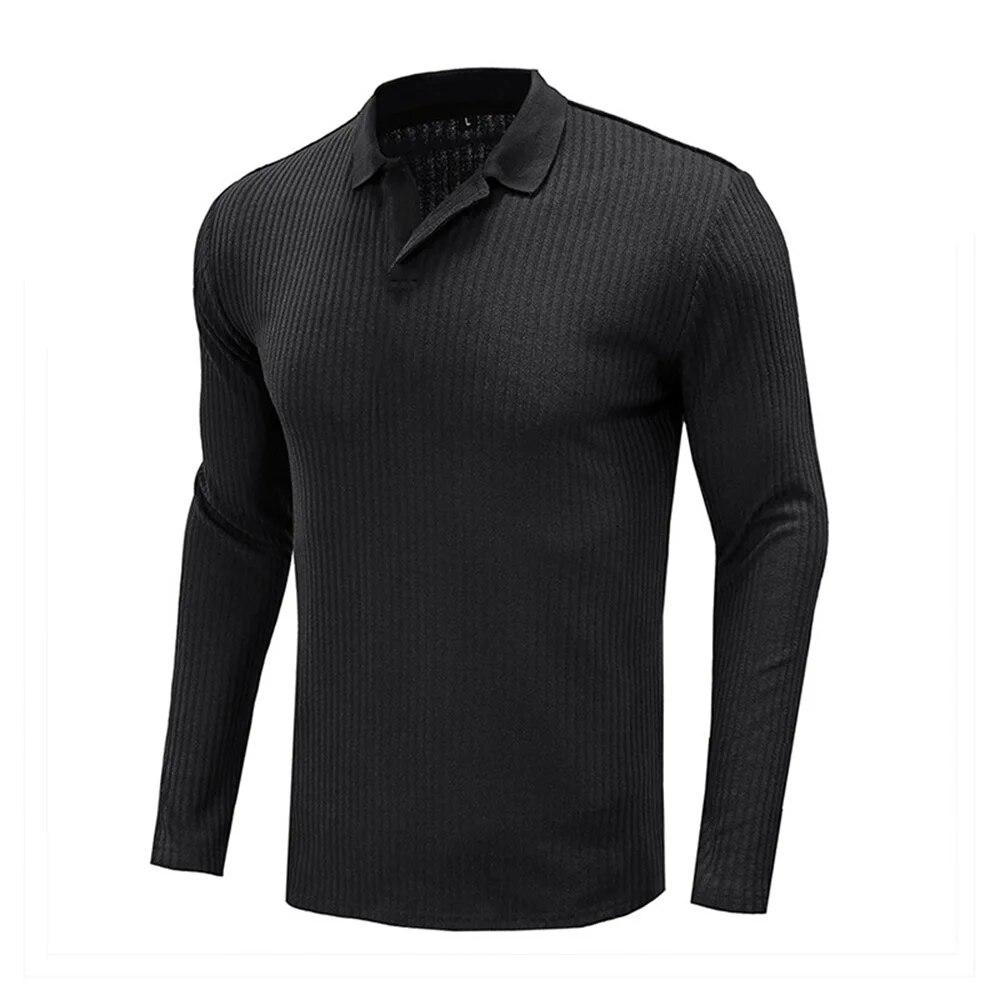 

Бавовняна високоякісна еластична сорочка з довгим рукавом Чоловіча футболка з відкладним коміром і V-подібним вирізом Весна-осінь Чоловіча сорочка-поло Футболки EU XXL чорний