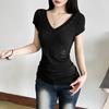 European and American Summer Slim Fit V-neck Waist Pinching Slimming Fashion Design T-shirt Top for Women