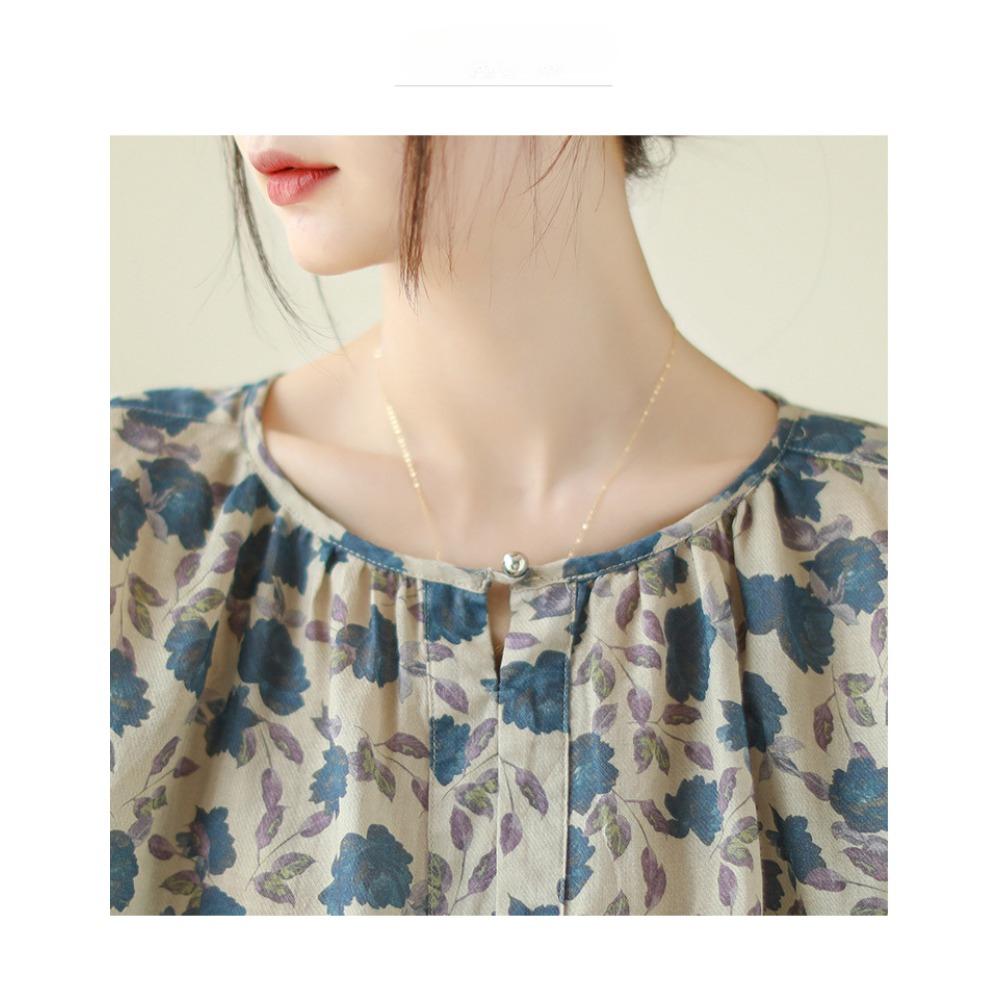 Artistic Retro Cotton and Linen Top Loose Floral Seven Quarter Sleeve Top Women's Blouses & Shirts