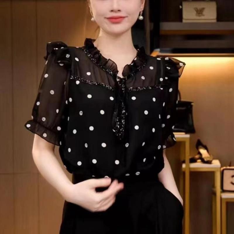 Female Summer Breathable French Style Shirt with Black Fungus Edge Temperament Top