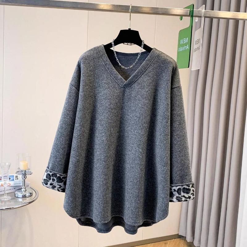 

Жіночий світшот оверсайз леопардовий флісовий потовщений вільний з V-подібним вирізом повсякденний пуловер з довгим рукавом зимовий світшот топ XXXXL сірий