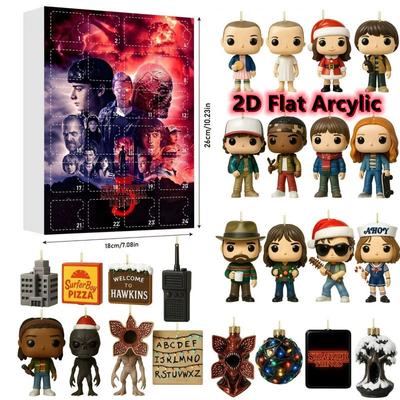 24 Days Chrismast Countdown Calendar, 2D Flat Stranger Characters and Accessories Hanging Pendant for Things Fan