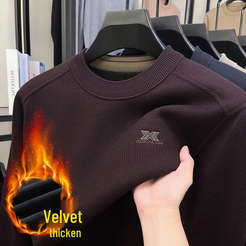 Men's High-Quality Casual Crew Neck Merino Wool Fleece Sweater - Warm, Thickened, Knitted Base Shirt