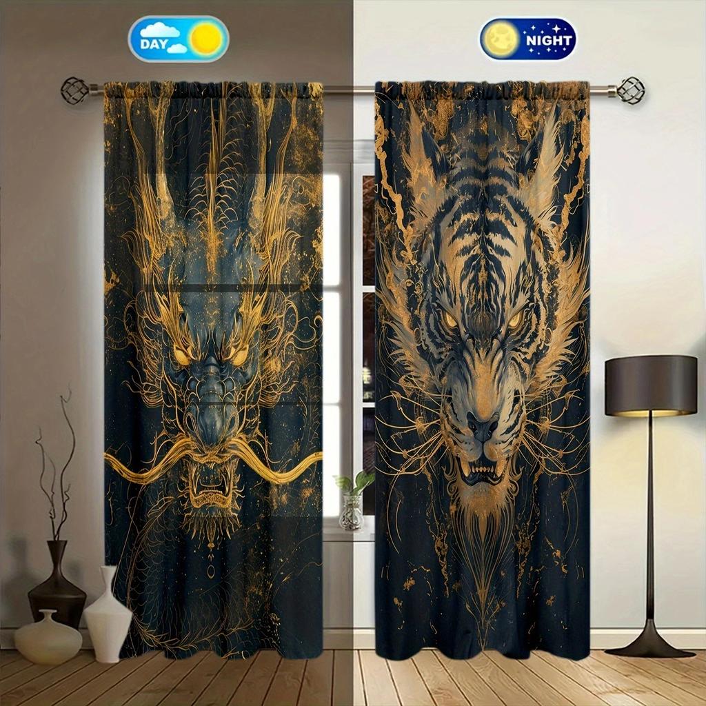 Dragon Tiger Battle Printed Curtain for Home Decor - Rod Pocket Window Treatment for Bedroom, Kitchen, Living Room