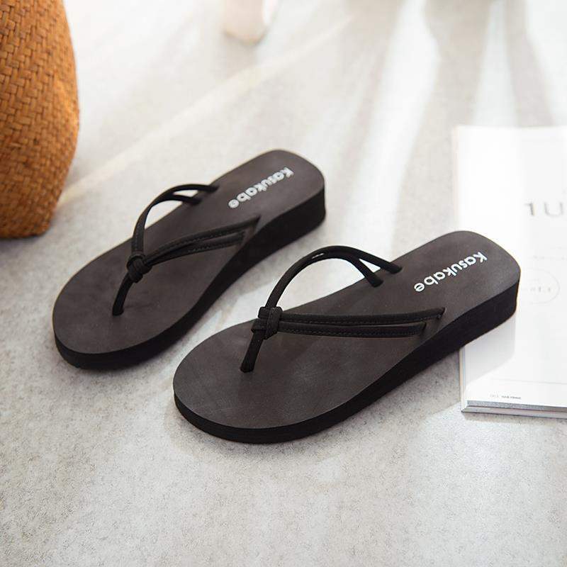 Thick-bottomed Slope Heel Mid-heel Flip-flops Women's Outdoor Wear Flat-heeled Slippers Double with Beach Mop Non-slip Cool Slippers