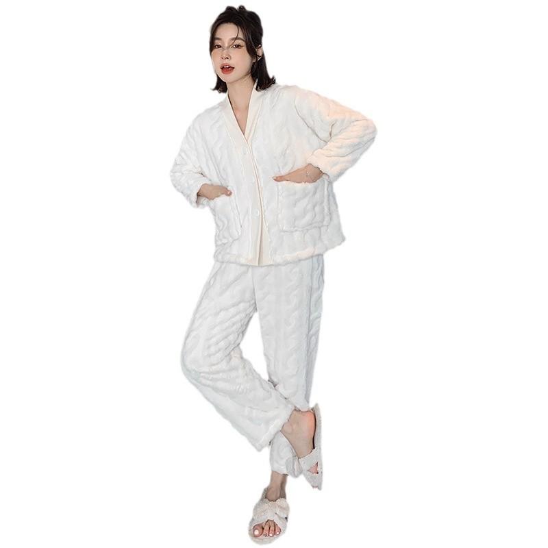 New autumn and winter flannel pajamas women's cut flower pattern thickened thermal pajamas loungewear