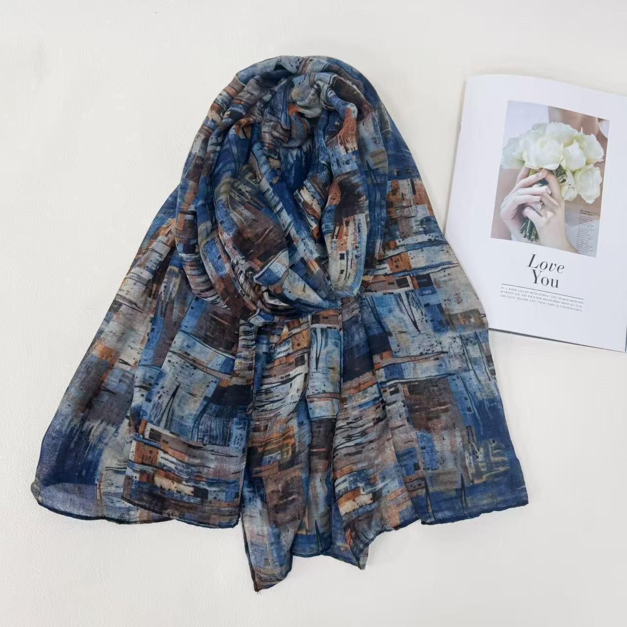 

Four Seasons Retro Graffiti Cotton Linen Silk Scarf - Women s Summer Fashion Versatile Sun Protection Shawl & Headscarf Above 175cm темно-синього кольору