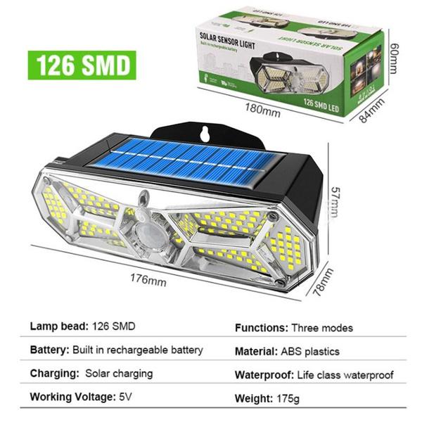 126SMD Outdoor Solar Lights Motion Sensor Security Light with 3 Lighting Modes, 5 Lighting Sides, 270°Wide Angle