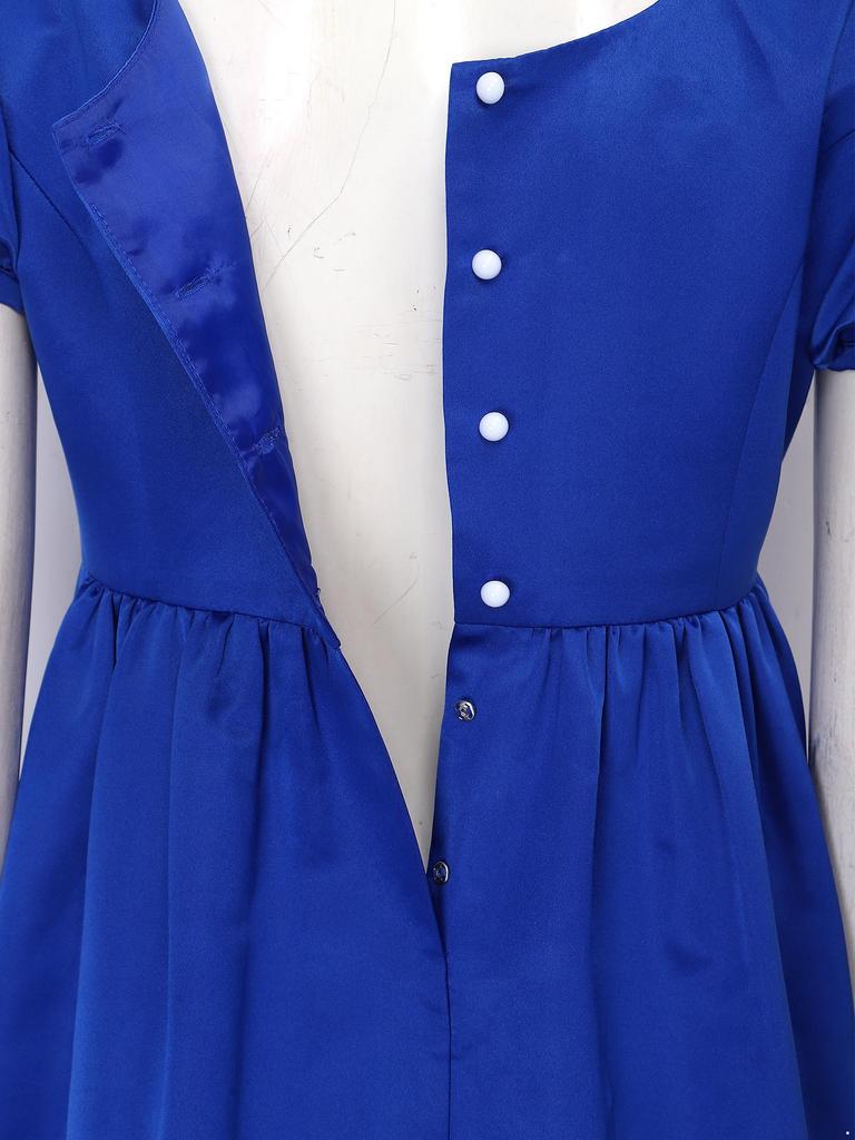 Maxikleid mit quadratischem Ausschnitt und Puffärmeln, mit Kunstperlen, Empire-Taille, Knöpfe hinten, Satin, Regency-Kleid für Damen, Party, Ball