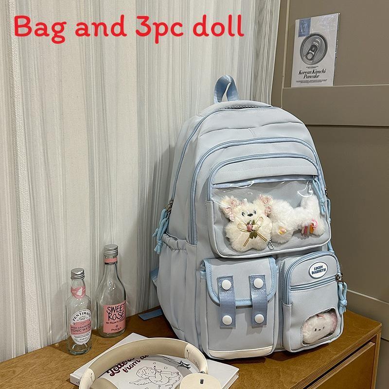 Color Solid Simple Student Backpack With Transparent Compartment And Decor Doll