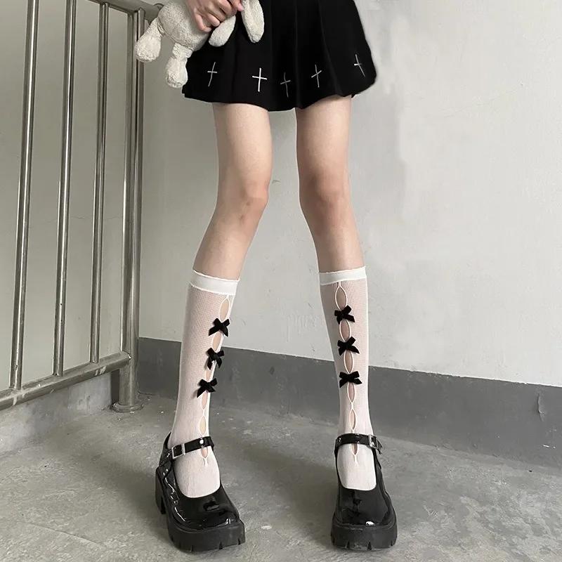 Korean Lolita Girls White Black High Long Socks Japanese Style Velvet Bow Knee Sweet Kawaii Cute Mesh Fishnet Stockings