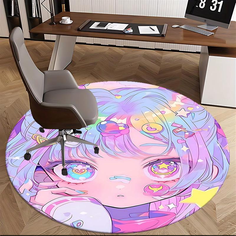 1pc Anime Design Round Carpet Cute Girl with Heart Glasses Chair Mat for Office, Home Decor, Living Room, Bedroom, Game Room Festival Gift
