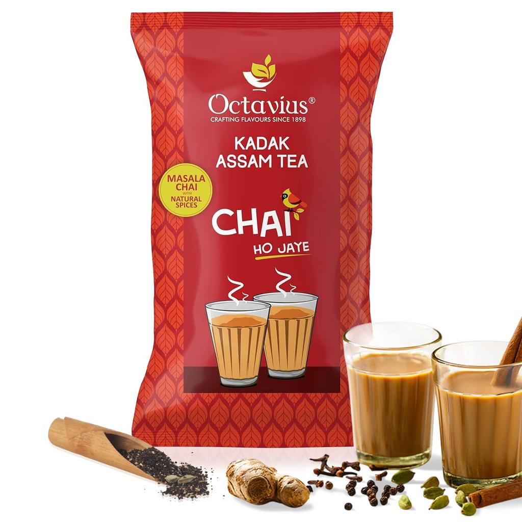 Octavius Kadak Masala Chai Tè 1 Kg | Foglie di Tè Chai CTC Assam Forti | Tè Masala Naturale con Cardamomo, Zenzero, Chiodi di Garofano e Cannella | Aroma Ricco e Forte