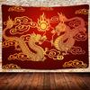 Traditional Chinese Dragon Tapestry, Double Dragons Chasing the Sun with Clouds Wall Hanging for Aesthetic Room Decor