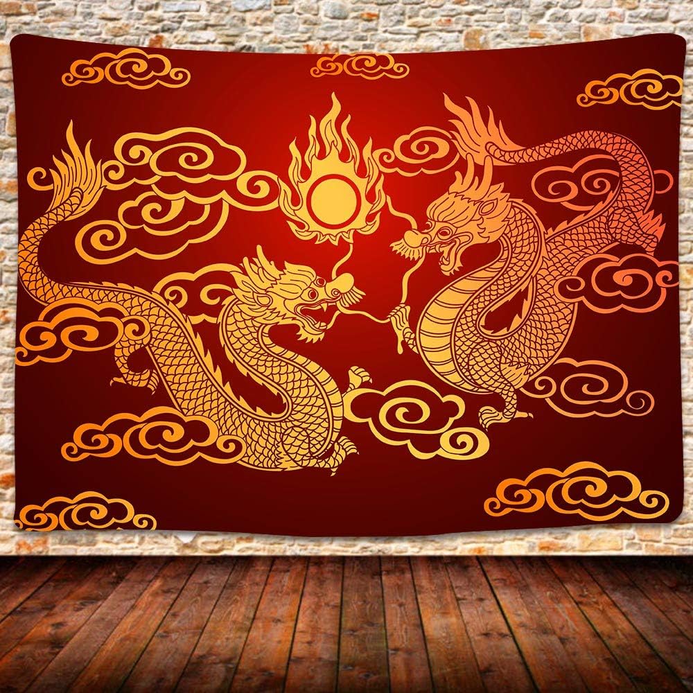 Traditional Chinese Dragon Tapestry, Double Dragons Chasing the Sun with Clouds Wall Hanging for Aesthetic Room Decor
