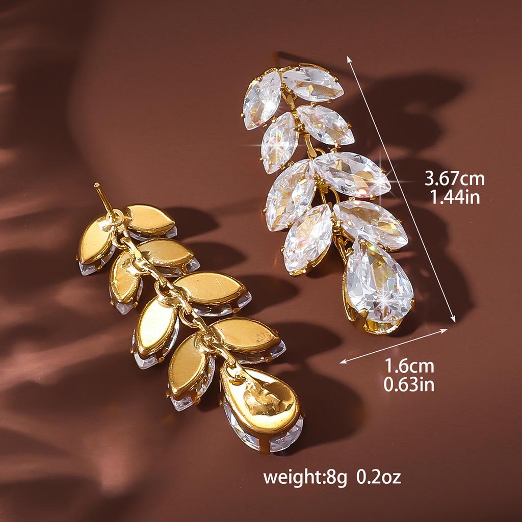 2PC Women's Fashion Bronze Zircon Exquisite Leaf Water Drop Tassel Earrings Zircon Suitable for Date, Party, Festival Gifts