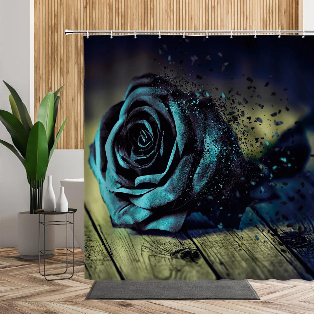 

Romantic Flower Shower Curtain Blue Red Rose Creative Floral Bathroom Decor Valentine Waterproof Bath Cloth Bathtub Screen W60H190(CM)-1 Pcs